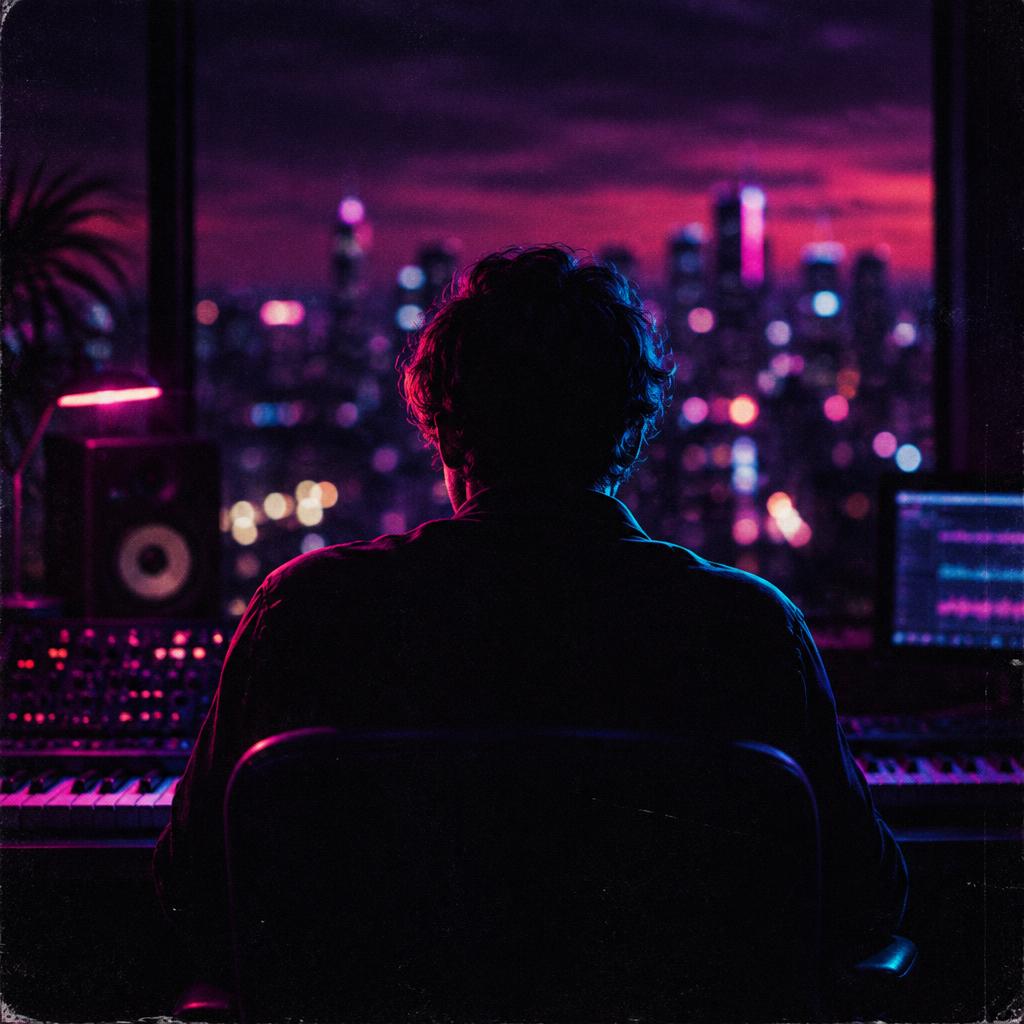 NEON HALO at the studio desk, city lights behind